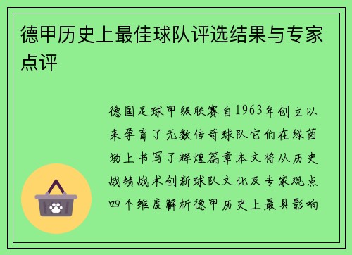 德甲历史上最佳球队评选结果与专家点评
